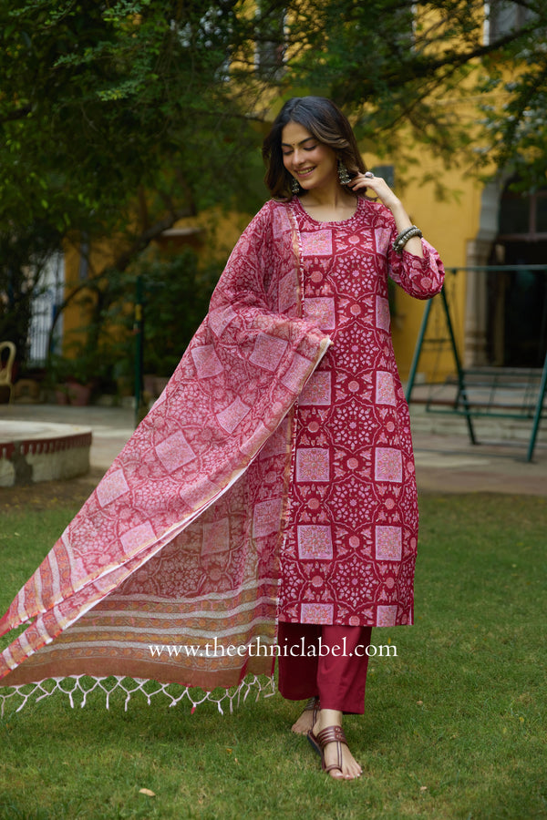 Chhaya Hand Block Printed Cotton kurta with with kota doria dupatta (2pc)