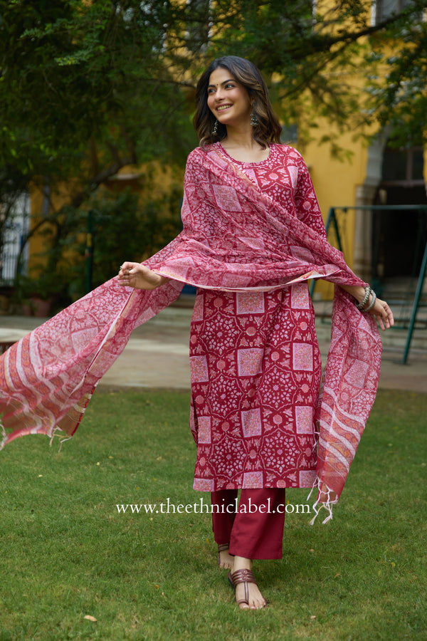 Chhaya Hand Block Printed Cotton kurta with with kota doria dupatta (2pc)