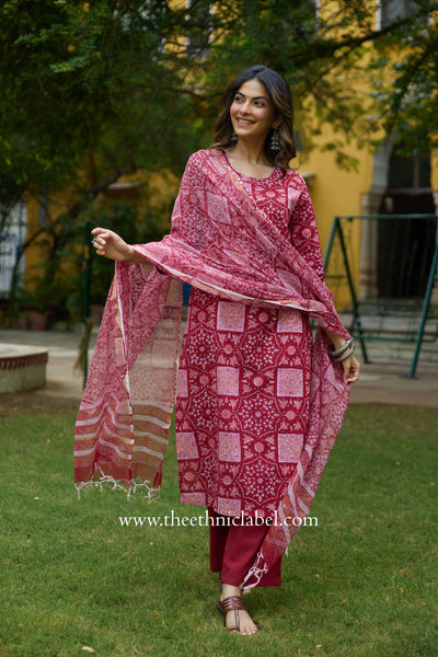 Chhaya Hand Block Printed Cotton kurta with with kota doria dupatta (2pc)