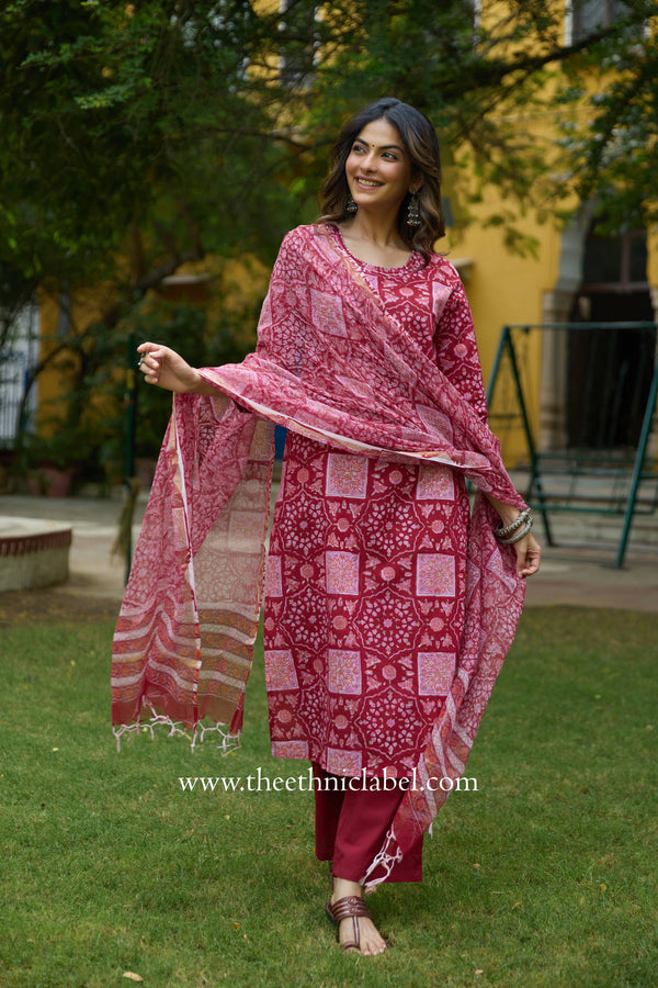 Chhaya Hand Block Printed Cotton kurta with with kota doria dupatta (2pc)