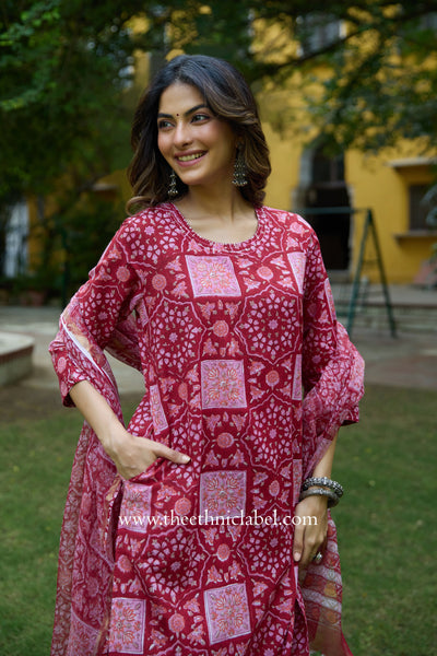 Chhaya Hand Block Printed Cotton kurta with with kota doria dupatta (2pc)
