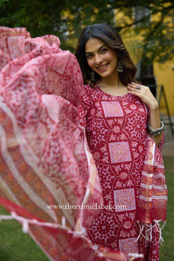 Chhaya Hand Block Printed Cotton kurta with with kota doria dupatta (2pc)