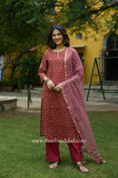 Shovika Hand Work Red Cotton Kurta with kota doria dupatta (2pc)