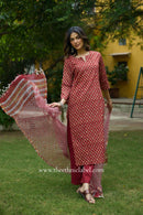"Nivika" Hand Work Red Cotton Kurta Set with kota doria dupatta (3pc)