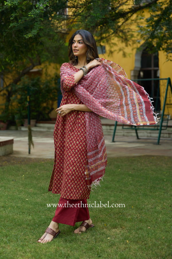 Shovika Hand Work Red Cotton Kurta with kota doria dupatta (2pc)