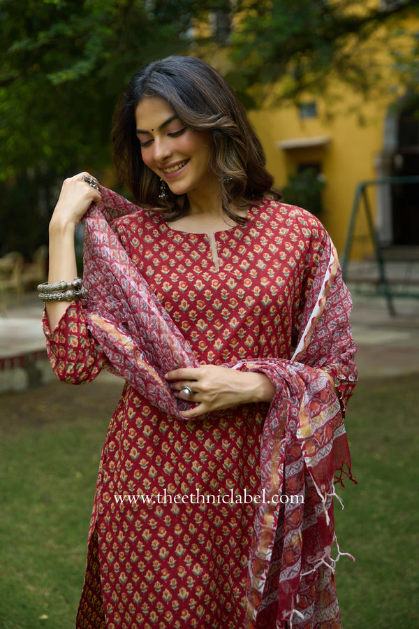 "Nivika" Hand Work Red Cotton Kurta Set with kota doria dupatta (3pc)