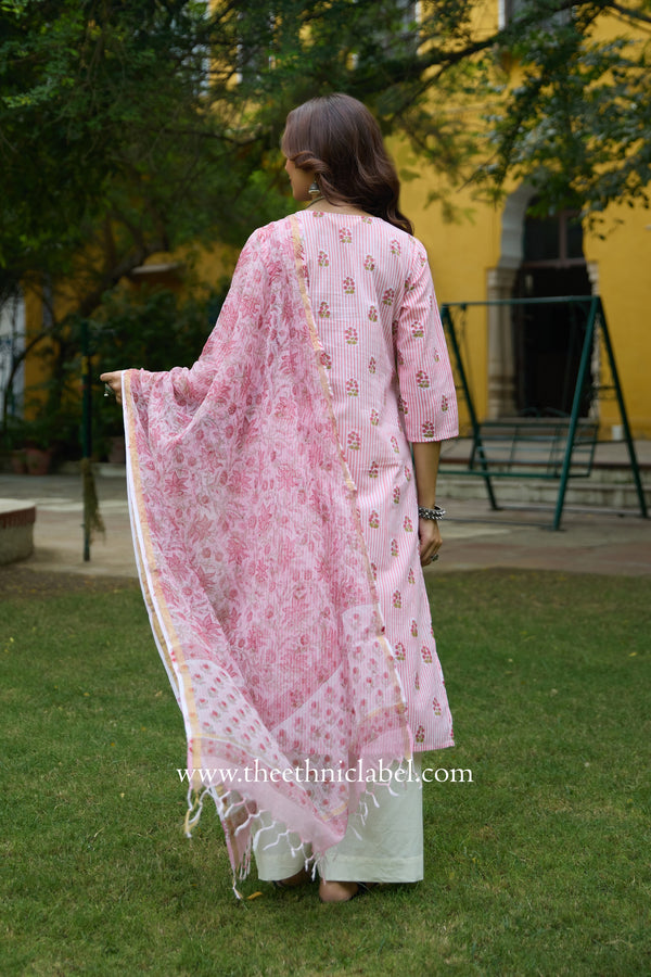 Seher Hand Block Printed Striped Cotton kurta with with kota doria dupatta (2pc)