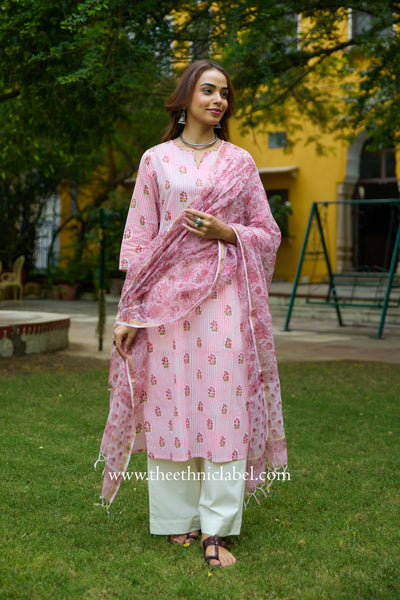 Seher Hand Block Printed Striped Cotton kurta with with kota doria dupatta (2pc)