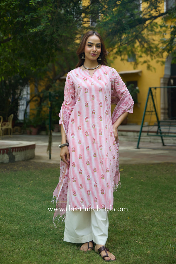 Seher Hand Block Printed Striped Cotton kurta with with kota doria dupatta (2pc)