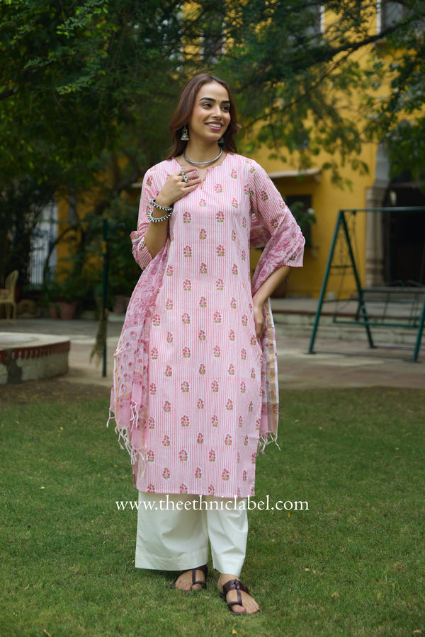 Seher Hand Block Printed Striped Cotton kurta with with kota doria dupatta (2pc)