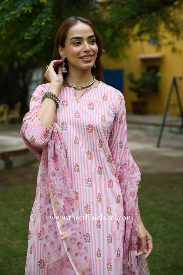 Seher Hand Block Printed Striped Cotton kurta with with kota doria dupatta (2pc)
