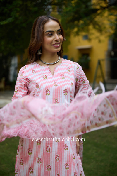 Seher Hand Block Printed Striped Cotton kurta with with kota doria dupatta (2pc)