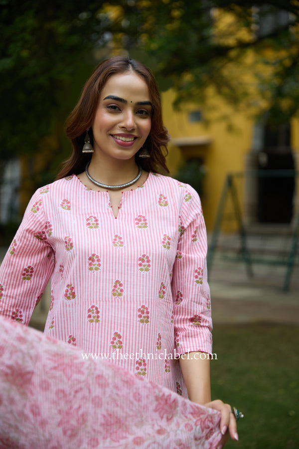 Seher Hand Block Printed Striped Cotton kurta with with kota doria dupatta (2pc)