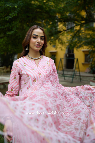 Seher Hand Block Printed Striped Cotton kurta with with kota doria dupatta (2pc)