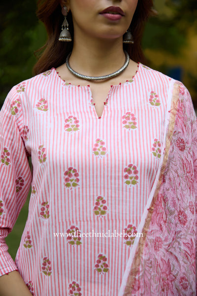 Seher Hand Block Printed Striped Cotton kurta with with kota doria dupatta (2pc)