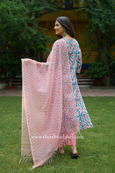 Sarini Hand Block Printed Cotton kurta with with kota doria dupatta(2pc)