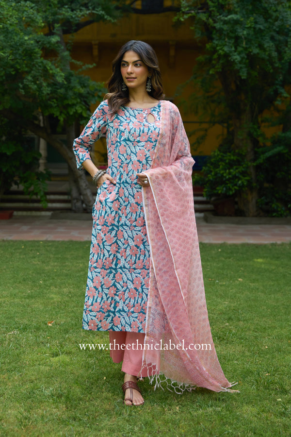 Sarini Hand Block Printed Cotton kurta with with kota doria dupatta(2pc)