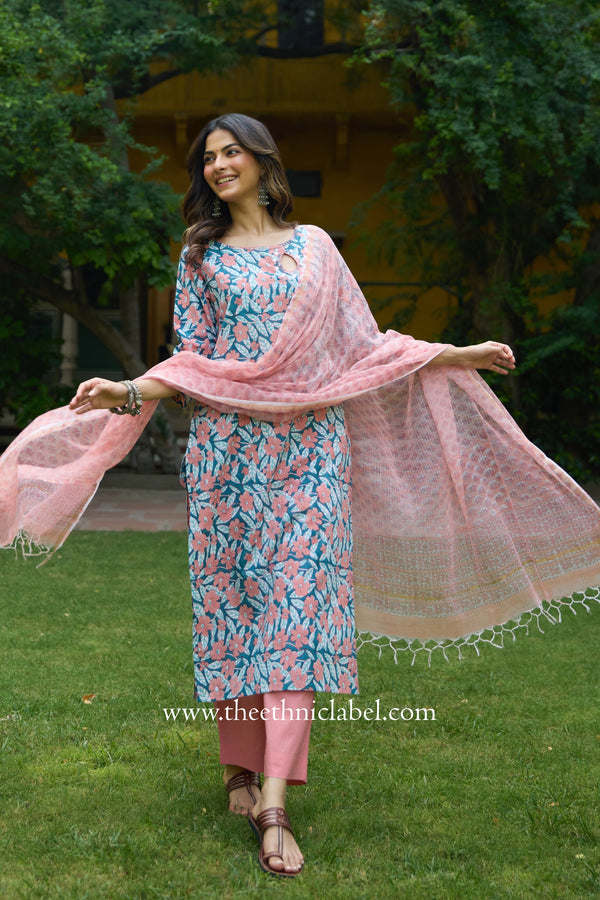 Sarini Hand Block Printed Cotton kurta with with kota doria dupatta(2pc)