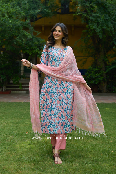 Sarini Hand Block Printed Cotton kurta with with kota doria dupatta(2pc)
