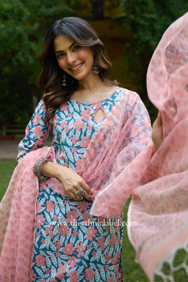 Sarini Hand Block Printed Cotton kurta with with kota doria dupatta(2pc)
