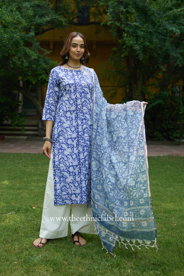 "Kimaya" Hand Block Printed Cotton kurta with kota doria dupatta (2pc)