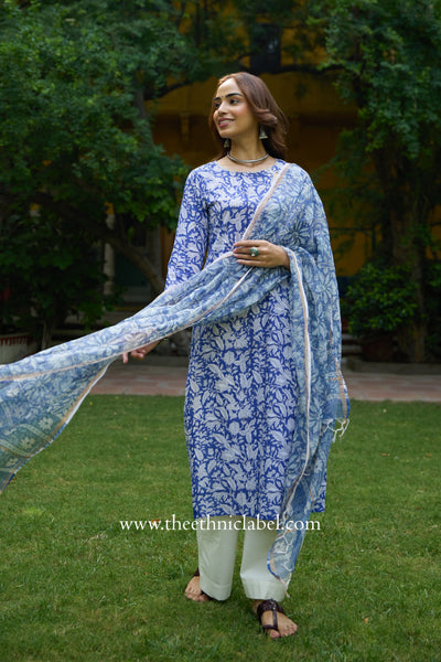 "Kimaya" Hand Block Printed Cotton kurta with kota doria dupatta (2pc)