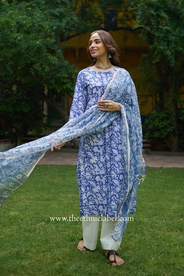 "Kimaya" Hand Block Printed Cotton kurta with kota doria dupatta (2pc)