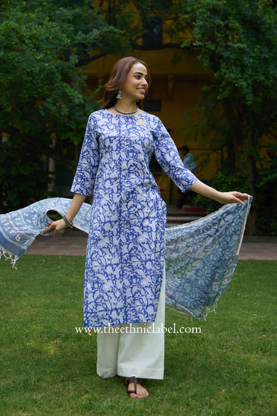 "Kimaya" Hand Block Printed Cotton kurta with kota doria dupatta (2pc)