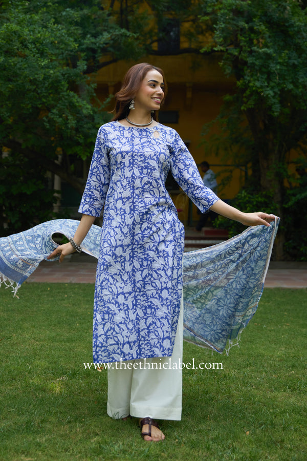 "Kimaya" Hand Block Printed Cotton kurta with kota doria dupatta (2pc)