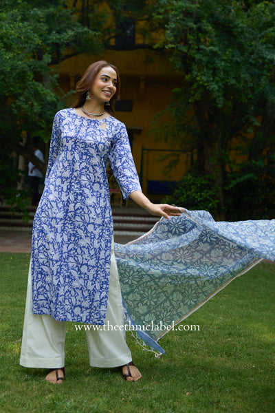 "Kimaya" Hand Block Printed Cotton kurta with kota doria dupatta (2pc)