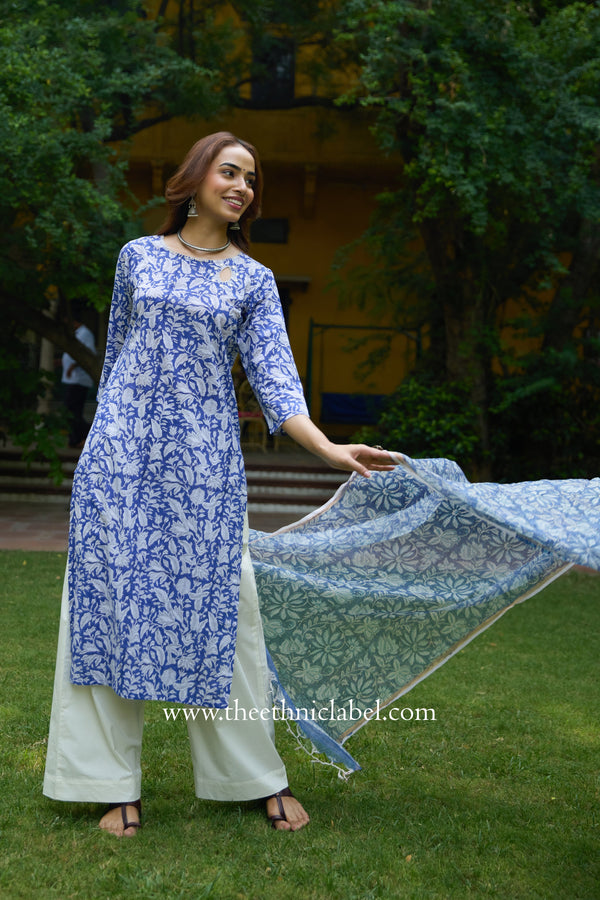 "Kimaya" Hand Block Printed Cotton kurta with kota doria dupatta (2pc)