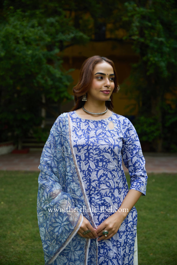 "Kimaya" Hand Block Printed Cotton kurta with kota doria dupatta (2pc)