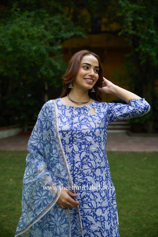"Kimaya" Hand Block Printed Cotton kurta with kota doria dupatta (2pc)