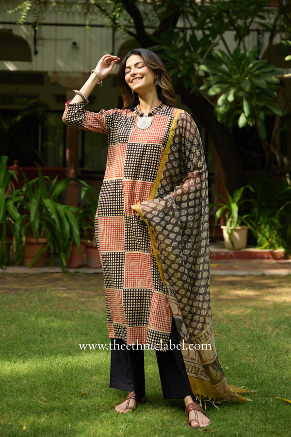 Umang Hand Block Printed Bagru Cotton kurta with with kota doria dupatta(2pc)