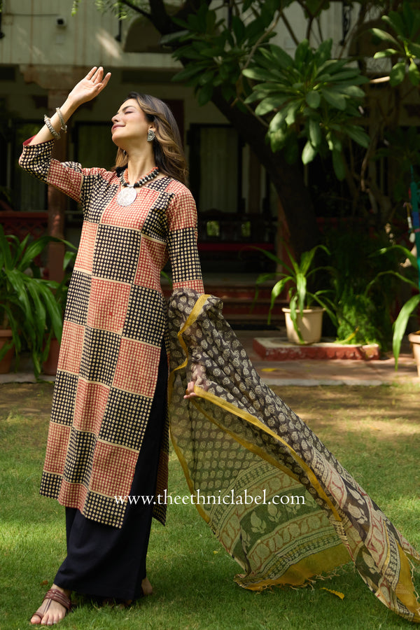 Umang Hand Block Printed Bagru Cotton kurta with with kota doria dupatta(2pc)