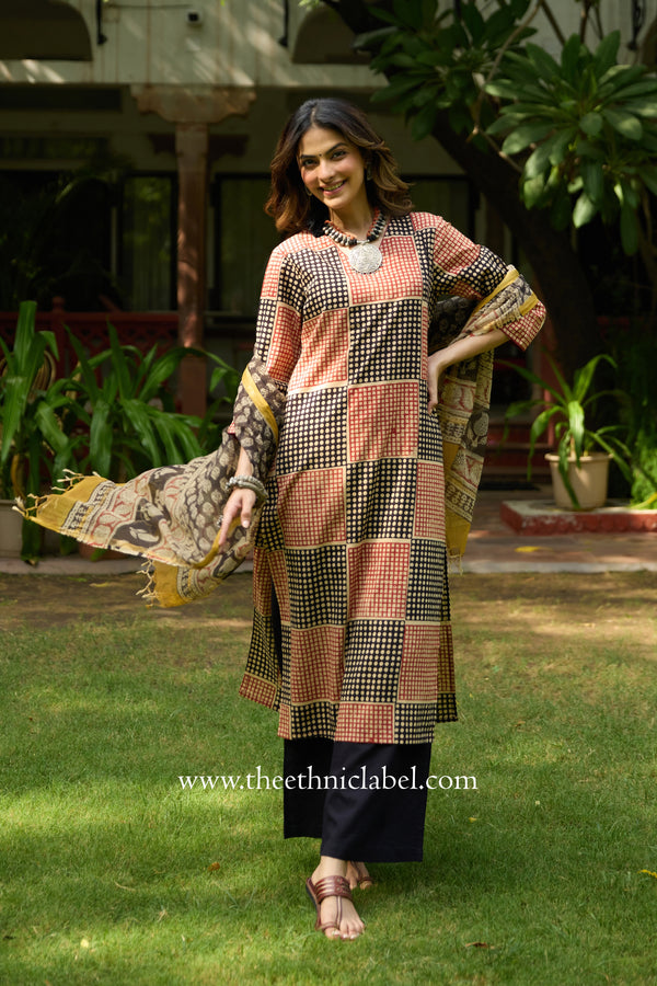 Umang Hand Block Printed Bagru Cotton kurta with with kota doria dupatta(2pc)