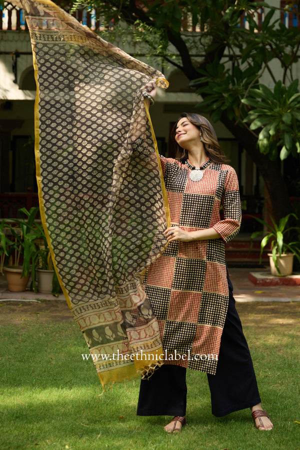 Umang Hand Block Printed Bagru Cotton kurta with with kota doria dupatta(2pc)