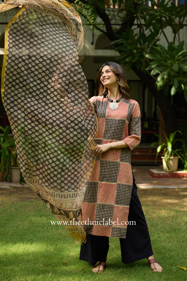 Umang Hand Block Printed Bagru Cotton kurta with with kota doria dupatta(2pc)