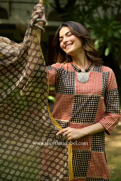 Umang Hand Block Printed Bagru Cotton kurta with with kota doria dupatta(2pc)