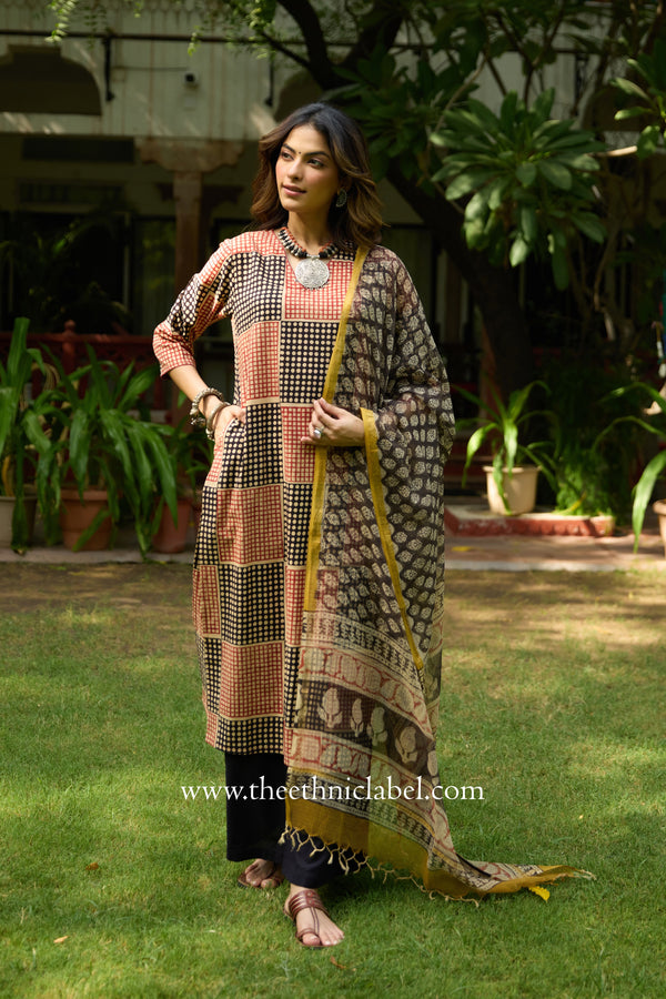 Umang Hand Block Printed Bagru Cotton kurta with with kota doria dupatta(2pc)