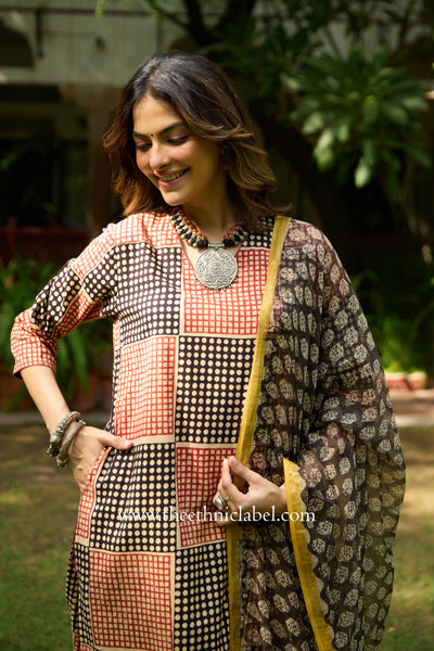 Umang Hand Block Printed Bagru Cotton kurta with with kota doria dupatta(2pc)
