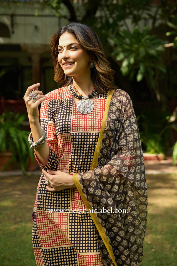 Umang Hand Block Printed Bagru Cotton kurta with with kota doria dupatta(2pc)