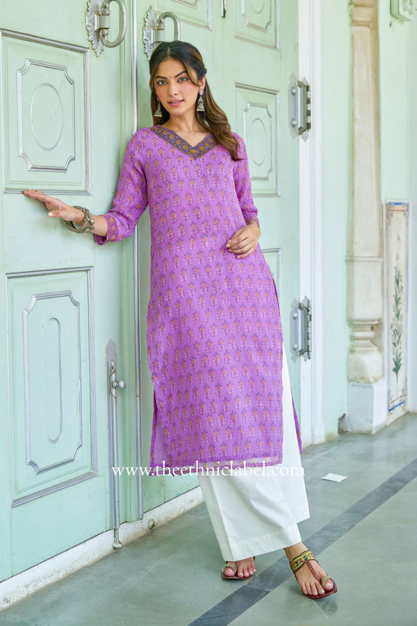 "Anya" Hand Block Printed Kota Doria kurta