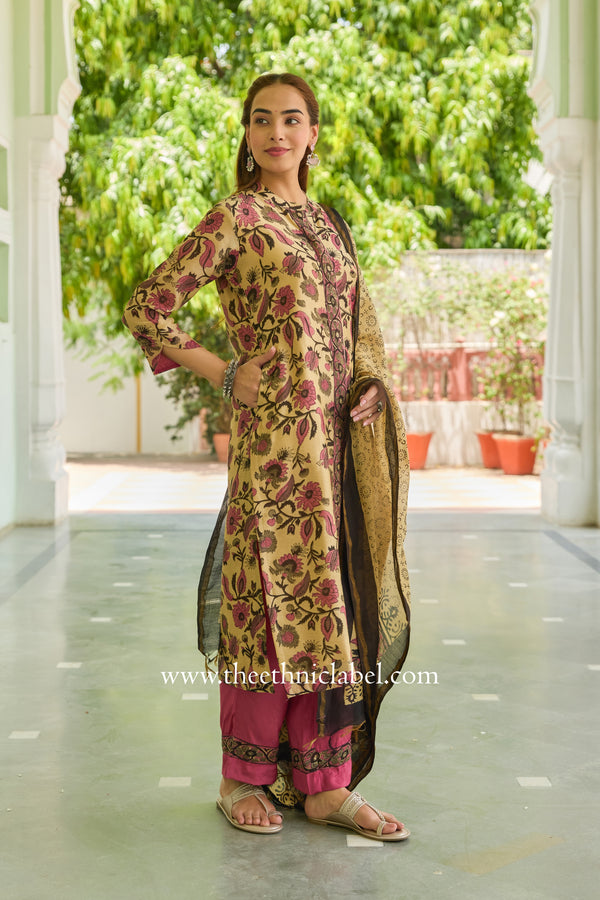 "Aabroo" Hand Block Printed Chanderi Suit Set (3pc)