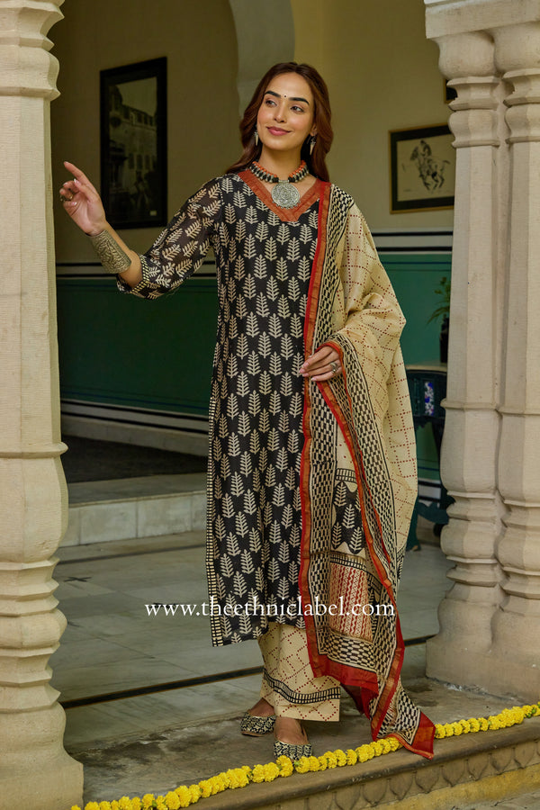 "Palaash" Hand Block Printed Chanderi Suit Set(3pc)