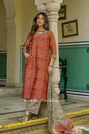 "Raunak" Red Hand Block Printed Bagru Chanderi Suit Set(3pc)