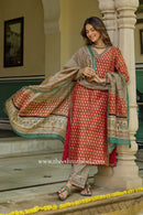 "Raunak" Red Hand Block Printed Bagru Chanderi Suit Set(3pc)