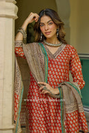 "Raunak" Red Hand Block Printed Bagru Chanderi Suit Set(3pc)