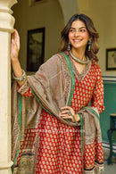 "Raunak" Red Hand Block Printed Bagru Chanderi Suit Set(3pc)