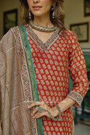 "Raunak" Red Hand Block Printed Bagru Chanderi Suit Set(3pc)